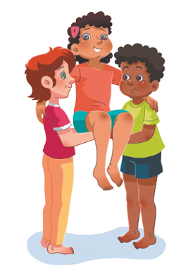 Imagem: Ilustração. Dois meninos um de frente para o outro com os braços estendidos na frente do outro. Acima, uma menina sentada sobre os braços dos meninos.  Fim da imagem.