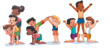 Imagem: Ilustração. 1.Um menino com blusa vermelha com as mãos e os joelhos no chão. Acima, um menino com blusa laranja, as mãos nos ombros do menino de blusa vermelha e os pés no chão. Acima, uma menina com blusa rosa, com os pés sobre o quadril do menino de blusa vermelha e as mãos sobre o ombro do menino de blusa laranja. 2. Uma menina de blusa rosa com as mãos e os joelhos no chão. Acima, um menino de blusa verde, com as mãos sobre as costas da menina de blusa rosa, com as pernas estendidas para trás, onde uma menina com blusa azul segura as pernas do menino de blusa verde. 3. Um menino de blusa azul com o joelho esquerdo no chão e o pé direito apoiado ao chão com o joelho flexionado e os braços estendidos para cima, ao lado, um menino de blusa branca com o pé esquerdo e joelho flexionado e o joelho direito no chão com os braços estendidos para cima. Acima, um menino com os pés sobre as pernas dos meninos de blusa azul e branca e os braços estendidos para cima.  Fim da imagem.
