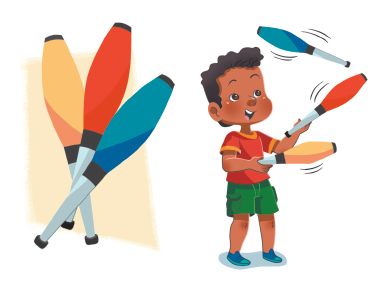 Imagem: Ilustração. Três claves, em formas de pinos com bastão. Ilustração. Um menino com cabelos ondulados, usando blusa vermelha e short verde. Ele está em pé segurando duas claves nas mãos e uma no ar.  Fim da imagem.