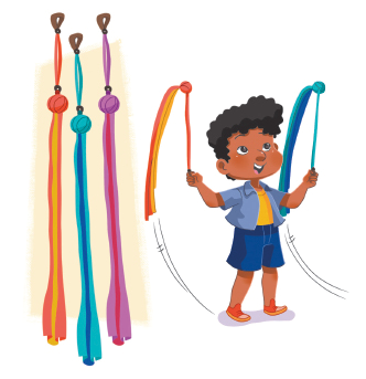 Imagem: Ilustração. À esquerda, Swing poi ou barangandões. Objeto com um anel, seguido de corda, uma bola e um tecido. Ao lado, uma menina com cabelos curtos ondulados, usando uma camisa azul e um short. Segurando com as mãos um barangandões. Fim da imagem.