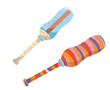 Imagem: Ilustração. Um pedaço de madeira dentro de uma garrafa de plástico em volta, uma fita branca. Ao lado, o mesmo objeto com fitas coloridas.  Fim da imagem.