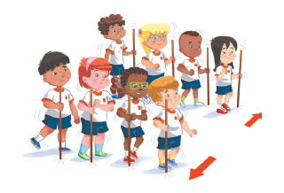 Imagem: Ilustração. Um grupo de crianças uniformizadas segurando um bastão reto e dispostas em duas filas. Ao lado, duas setas indicando o movimento de troca de lugar do bastão Fim da imagem.