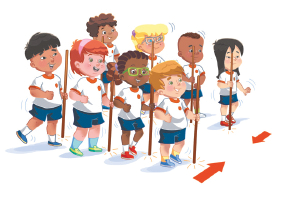 Imagem: Ilustração. Um grupo de crianças uniformizadas segurando um bastão reto do lado de dentro e dispostas em duas filas. Ao lado, duas setas indicando o movimento de troca de lugar do bastão.  Fim da imagem.