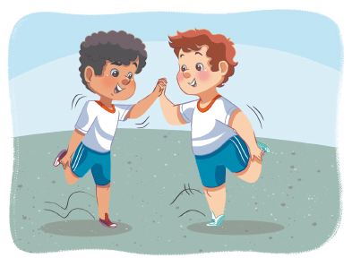 Imagem: Ilustração. Dois meninos uniformizados um de frente para o outro, com um pé no chão e o outro dobrado para trás, e uma das mãos unidas e a outra no pé. Fim da imagem.