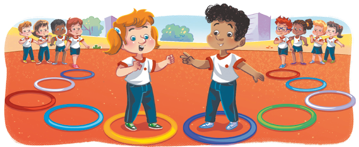 Imagem: Ilustração. Duas crianças uniformizadas, uma de frente para a outra. À esquerda, uma menina está com a mão fechada, à direita, o menino está com a mão destacando o indicador e o dedo do meio. Eles estão dentro de um bambolê atrás, outros bambolês fazendo um caminho. Atrás, crianças uniformizadas em fila na ponta de cada bambolê.  Fim da imagem.