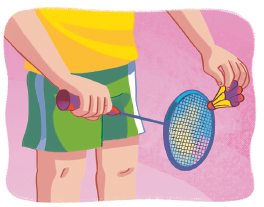 Imagem: Ilustração. Destaque de uma mão segurando uma raquete com a mão esquerda. A raquete está de lado com a face voltada para frente. E com a mão direita segurando a aba da peteca.  Fim da imagem.