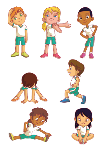 Imagem: Ilustração. Crianças uniformizadas, fazendo 7 movimentos de aquecimento. 1. Um menino de pé com a cabeça inclinada para a esquerda, com o braço esquerdo sobre a cabeça. 2. Uma menina de pé, com o braço esquerdo estendido para direita a frente do corpo para o lado direito. E a mão direita sobre o cotovelo esquerdo. 3. Um menino de pé com as mãos na cintura e o quadril inclinado para o lado direito. 4. Um menino com as pernas afastadas, inclinado para frente com as mãos no chão. 5. Um menino de perfil, em pé com as mãos na cintura com a esquerda para frente e os joelhos dobrados e a perna direita para trás. 6. Uma menina sentada com as pernas afastadas com a mão direita sobre o pé direito. 7. Uma menina sentada com as solas dos pés juntas, os joelhos flexionados e as mãos sobre os pés com a coluna reta.  Fim da imagem.