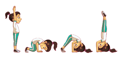 Imagem: Ilustração. Uma menina com cabelos presos, uniformizada, exemplificando a parada de cabeça em 4 movimentos. 1. Ela está de perfil em pé com braços estendidos para cima. 2. Ela com os joelhos, mãos e cabeça no chão. 3. Ela com os joelhos, mãos e cabeça no chão, com as pernas estendida com o quadril para cima. 4. Ela está com as cabeça e as mãos no chão com as pernas estendidas juntas para cima.  Fim da imagem.