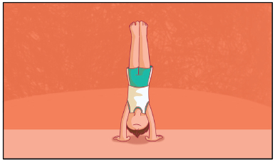 Imagem: Ilustração. Uma criança uniformizada com as mãos no chão e as pernas estendidas para cima. Fim da imagem.