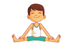 Imagem: Ilustração. Um menino uniformizado sentado, com as pernas estendidas e afastadas e as mãos sobre os joelhos com o tronco reto.  Fim da imagem.