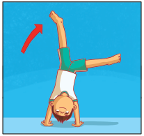 Imagem: Ilustração. Passo 3. O menino com as duas mãos no chão, a perna direita próxima ao chão e a esquerda estendida para cima. Uma seta indica o movimento da perna esquerda.  Fim da imagem.