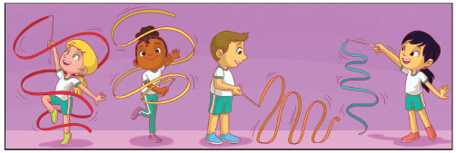 Imagem: Esquema. Quatro crianças com fitas fazendo movimento de zig-zag no ar. Fim da imagem.