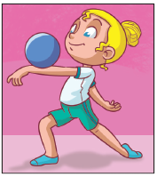 Imagem: Ilustração. Três crianças uniformizadas exemplificando Passagem sobre o corpo: 1. Uma menina com o braço direito estendido para frente com o corpo inclinado para esquerda com as pernas afastadas. Uma boa passa pelo seu braço estendido.  Fim da imagem.