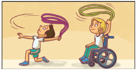 Imagem: Ilustração. 4 crianças uniformizadas, exemplificando Rotação: Um menino com o joelho esquerdo no chão, o pé direito no chão, o braço direito estendido para trás, segurando a corda com a mão, rodando a corda sobre a cabeça. Ao lado, um menino sentado em uma cadeira de rodas, com o braço direito estendido para cima, segurando a corda com as mãos, rodando a corda sobre a cabeça.  Fim da imagem.