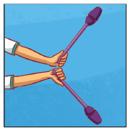 Imagem: Ilustração. Passo 3. Segurando as maças com a palma das mãos voltada para cima os a ponta das maças para fora. Fim da imagem.