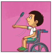 Imagem: Ilustração. Passo 3. Ele está de perfil com o braço esquerdo estendido para frente segurando a maça para cima.  Fim da imagem.