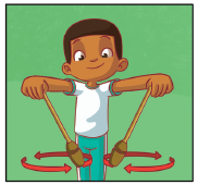 Imagem: Ilustração. 5. O Menino, está com os braços estendidos para frente, segurando as maças com as mãos, com as pontas voltadas para baixo. Uma seta indica o movimento circular das maças, sendo: A maça da esquerda, circulando da direita para a esquerda. E maça da esquerda, circulando da esquerda para a direita. Fim da imagem.