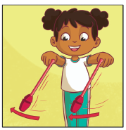 Imagem: Ilustração. Três crianças uniformizadas, exemplificando Balancear em 3 movimentos. 1. Uma menina com cabelos cacheados e presos. Ela está com os braços estendidos para frente com a ponta das maças voltada para baixo, inclinada na diagonal esquerda. Uma seta indica o movimento das maças para esquerda.  Fim da imagem.