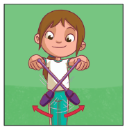 Imagem: Ilustração. 2. Uma menina com cabelos lisos presos para trás. Ela está com os braços estendidos para frente, segurando as maças com as pontas voltadas para baixo na diagonal. As maças se cruzam. Uma seta indica o movimento da maça da esquerda, balançando para a direita. E a maça da direita balançando para a esquerda.  Fim da imagem.