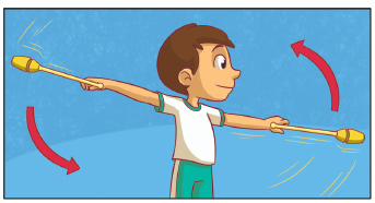 Imagem: Ilustração. À esquerda, um menino com cabelos lisos, exemplificando o Circundar. Ele está com os braços na lateral do corpo, segurando as maças com as mãos. Uma seta indica o movimento da maça na mão direita, para cima e para esquerda, o movimento da maça na mão esquerda, para baixo e para direita.  Fim da imagem.