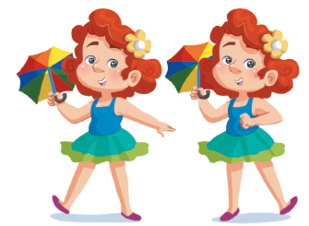 Imagem: Ilustração. A menina ruiva, exemplificando, o Passo 2, em dois movimentos: 1. Ela está segurando o guarda-chuva com a mão esquerda, apoiando o calcanhar do pé esquerdo no chão, o pé direito interno no chão. 2. Ela está segurando o guarda-chuva com a mão esquerda, com o pé esquerdo no chão, e apoiando o calcanhar direito no chão. Fim da imagem.