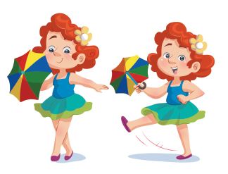 Imagem: Ilustração. Uma menina ruiva, exemplificando, o Passo 7, em dois movimentos: 1. Ela está em pé com a perna cruzada, o pé esquerdo para trás, segurando o guarda-chuva com a mão esquerda, o braço direito estendido. 2. Ela está com a perna esquerda estendida lateralmente, o pé direito no chão, segurando o guarda-chuva com a mão esquerda, e o braço direito flexionado com a mão perto da cintura.  Fim da imagem.