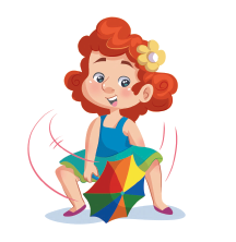 Imagem: Ilustração. A menina ruiva, exemplificando, o Passo 8. Ela está com as pernas afastadas, joelhos flexionados, segurando o guarda-chuva na frente do corpo entre as pernas e o braço direito para trás.  Fim da imagem.