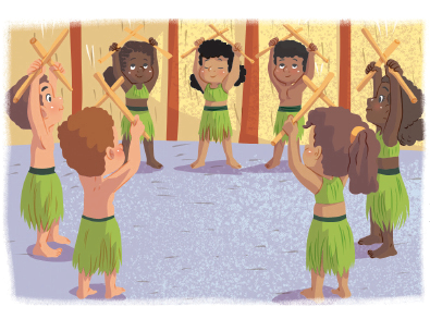 Imagem: Ilustração. Um grupo de crianças usando saia verde, exemplificando, Batidas individuais com formação em roda. Eles estão em roda, segurando bastões com as mãos, com os braços estendidos para cima, cruzando os bastões acima da cabeça. Fim da imagem.