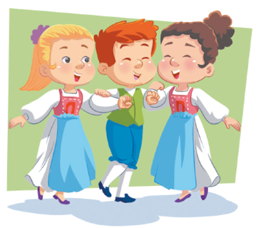 Imagem: Ilustração. À direita, uma menina loira, usando um vestido com avental azul e sapatos. Ao lado, um menino com cabelos laranja, usando, camisa com colete, calça, meias e sapatos. Ao lado, uma menina com cabelos cacheados, usando um vestido com avental azul e sapatos. Exemplificando, o Galope: À esquerda, a menina loira, com o braço direito sobre o braço esquerdo do menino. Ao lado, a menina de cabelos cacheados, com o braço esquerdo sobre o braço direito do menino. Eles estão de frente com um dos pés levando Fim da imagem.