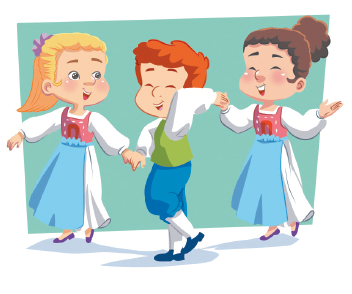 Imagem: Ilustração. A menina loira segurando com a mão direita a mão esquerda do menino. O menino está de perfil com o braço esquerdo para cima, segurando a mão direita da menina de cabelos cacheados.  Fim da imagem.