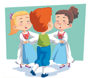 Imagem: Ilustração. As três, exemplificando, a Roda: crianças de mãos dadas em uma roda. Eles sorriem. Fim da imagem.