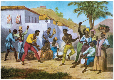 Imagem: Pintura. À esquerda, um homem negro, usando blusa amarela e calça vermelha. Ele está com os braços estendidos na frente do corpo com as mãos fechadas e as pernas afastadas. Ao lado, um homem sem camisa, usando calça amarela, com a perna esquerda estendida e a direita flexionada para trás, com os braços flexionados próximo ao corpo. Atrás, outras pessoas negras olhando na direção deles. No fundo, uma grande casa e montanhas.  Fim da imagem.