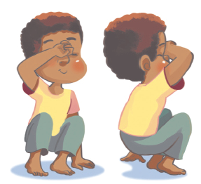 Imagem: Ilustração. O menino com camisa amarela, exemplificando Cocorinha. Ele está agachado com os pés no chão, de frente com a mão esquerda sobre os olhos e a mão direita no chão. Ao lado, ele está de perfil na mesma posição.  Fim da imagem.