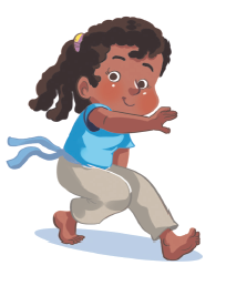 Imagem: Ilustração. Uma menina com cabelos crespos, presos, usando uma camiseta azul, calça cinza e um cordão azul na cintura. Exemplificando, Cocorinha. Negativa. Ela está agachada no chão com a perna direita estendida para frente, a mão direita apoiada no chão, o braço esquerdo estendido na frente do corpo.  Fim da imagem.