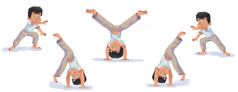 Imagem: Ilustração. O menino com camiseta branca e calça cinza, exemplifica o Aú em 5 movimentos. 1. O menino está com as pernas afastadas, a perna esquerda estendida, e a perna direita flexionada, o braço esquerdo estendido na frente do rosto e o direito estendido para baixo. 2 Ele está com as duas mãos no chão, pernas estendidas, com a perna esquerda para cima e a direita saindo do chão. 3. Ele está com as duas mãos no chão, as pernas estendidas para cima e afastadas. 4. Ele está com as duas mãos no chão, pernas estendidas, com a direita para cima e a esquerda próxima do chão. 5.O menino está com as pernas afastadas, a perna direita estendida, e a perna esquerda flexionada, o braço direito estendido na frente do rosto e o esquerdo estendido para baixo.  Fim da imagem.