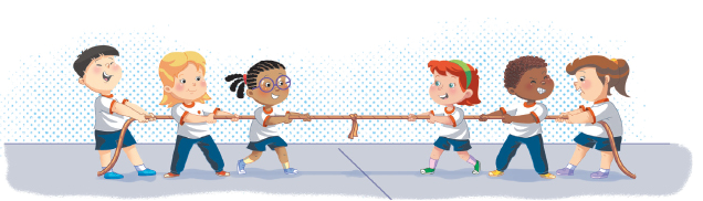 Imagem: Ilustração. Um grupo de crianças uniformizadas divididas em dois grupos. Elas seguram a corda, cada grupo de um lado. No meio da corda um lenço. Fim da imagem.