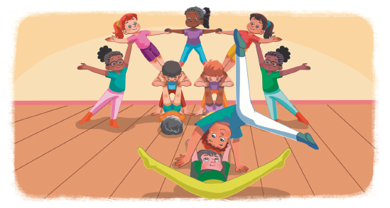 Imagem: Ilustração. Crianças com roupas coloridas exemplificando, uma apresentação de ginástica geral: Na frente, um menino deitado no chão com as pernas afastadas, e os braços estendidos para cima. Um menino com blusa azul está com as mãos no chão, entre o corpo do menino no chão com as pernas para cima. Atrás. Duas crianças deitadas no chão com as pernas para cima apoiando o ombro de outras crianças. Sobre eles, uma menina com pernas apoiadas nas costas, segurando as mãos de duas meninas, uma de cada lado, que estão inclinadas, uma menina em cada ponta segura as meninas que estão inclinadas, formando a imagem de um arco.  Fim da imagem.