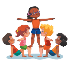 Imagem: Ilustração. Um grupo de crianças com roupas coloridas exemplificando, Pirâmides em duas poses:1. Um menino com blusa vermelha de perfil, sentado com as mãos e os pés no chão com os joelhos flexionados. Ao lado, uma menina com blusa rosa, sentada nos joelhos do menino de blusa vermelha com os braços estendidos lateralmente. Acima, uma menina usando óculos com os pés apoiados sobre as pernas da menina de blusa rosa e o menino de blusa vermelha. O menino de blusa vermelha está com os braços estendidos lateralmente sentado nos joelhos da menina de blusa laranja, que está sentada com as mãos e os pés no chão.  Fim da imagem.