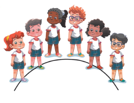 Imagem: Ilustração Meia lua: Um grupo de crianças lado a lado em meia lua.  Fim da imagem.