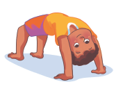 Imagem: Ilustração 3. Um menino com cabelos cacheados com as mãos e os pés no chão, o tronco em forma de arco com a barriga voltada para cima.  Fim da imagem.