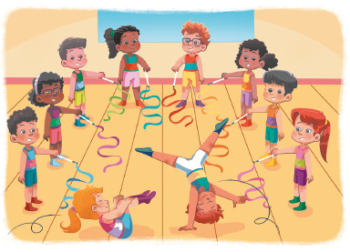Imagem: Ilustração. Um grupo de crianças segurando fitas com as mãos fazendo zig zag no ar, disposta em meia lua. No centro, um menino com a mão no chão e as pernas para cima. Ao lado, uma menina com as costas no chão abraçando as pernas.  Fim da imagem.