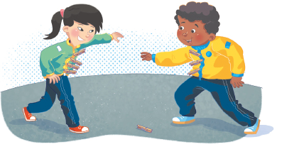 Imagem: Ilustração. Uma menina usando agasalho verde com pregadores e calça azul. Ao lado, um menino com cabelos ondulados, usando um agasalho amarelo com pregadores e calça azul. Eles tão de frente um para o outro com braço estendido para frente. No chão, um pregador.  Fim da imagem.