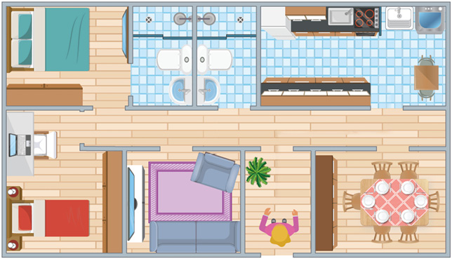 Imagem: Ilustração. Vista de cima da planta de uma casa. À esquerda há dois quartos. No centro, na parte superior há dois banheiros e na parte inferior, uma sala. À direita, na parte superior há uma cozinha e na parte inferior, uma pessoa parada em um corredor e ao lado, uma sala de jantar. Fim da imagem.