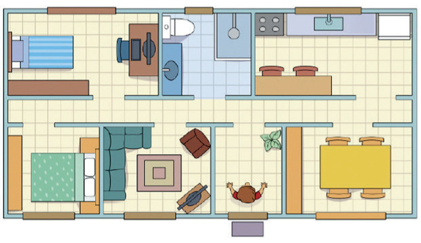 Imagem: Ilustração. Vista de cima de uma planta de casa. Na parte superior, da esquerda a para a direita: um quarto de solteiro, um banheiro e uma cozinha. Na parte inferior, da esquerda para a direita: um quarto de casal, uma sala, um corredor com uma pessoa parada e uma sala de jantar.  Fim da imagem.