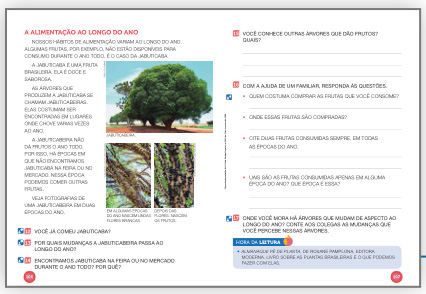 Imagem: Ilustração. Exemplifica como será o boxe Hora da leitura. Página dupla composta por textos, boxe complementar e imagens. Fim da imagem.