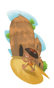 Imagem: Ilustração. Um menino indígena com cabelo curto e saia amarela está segurando uma lança e correndo em direção a uma oca.  Fim da imagem.