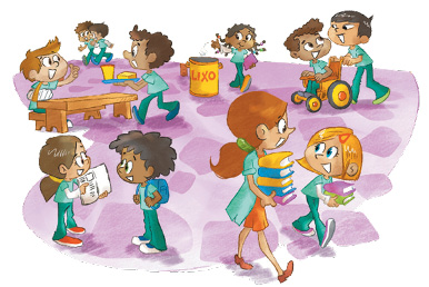 Imagem: Ilustração. Crianças com uniformes azuis. À esquerda, uma menina está segurando um livro aberto na frente de um menino; ao lado, uma menina está segurando dois livros e andando ao lado de uma mulher, que está segurando uma pilha de livros. Atrás delas, um menino está sorrindo e empurrando a cadeira de rodas de outro menino. Ao lado, um menino está sentado e acenando para outro menino, que está andando e segurando uma bandeja. Ao fundo, uma menina está jogando lixo em um cesto. Fim da imagem.