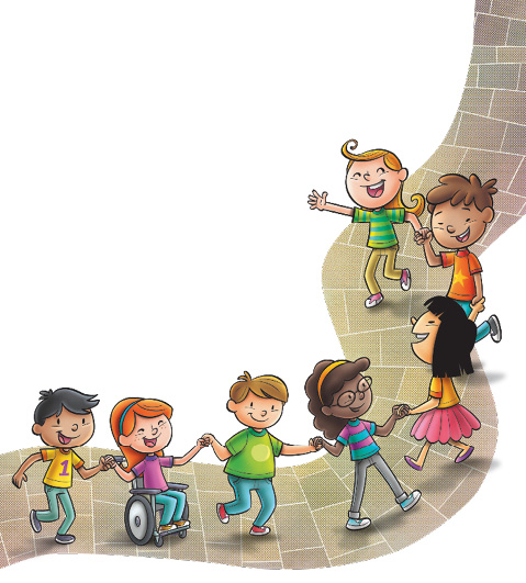 Imagem: Ilustração. Sete crianças de etnias diferentes estão de mãos dadas e sorrindo.  Fim da imagem.