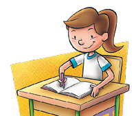 Imagem: Ilustração. Uma menina está sentada em uma carteira escolar, sorrindo e segurando um lápis sobre um caderno.  Fim da imagem.
