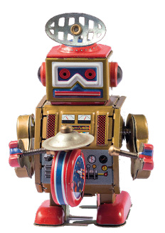 Imagem: Fotografia. Um robô dourado e vermelho com um prato e uma bateria na frente do corpo e ele está segurando duas baquetas. Fim da imagem.